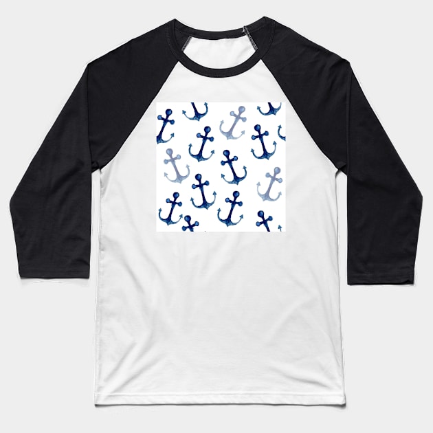 Watercolor Nautical Anchors | Pattern | Navy Baseball T-Shirt by Harpleydesign